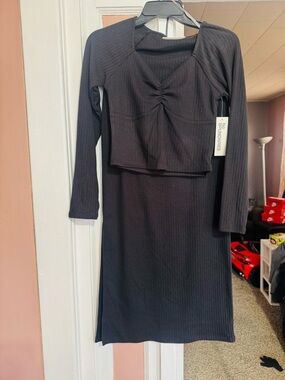 No Boundaries Black Ribbed Long Sleeve Midi Dress with Ruched Bust